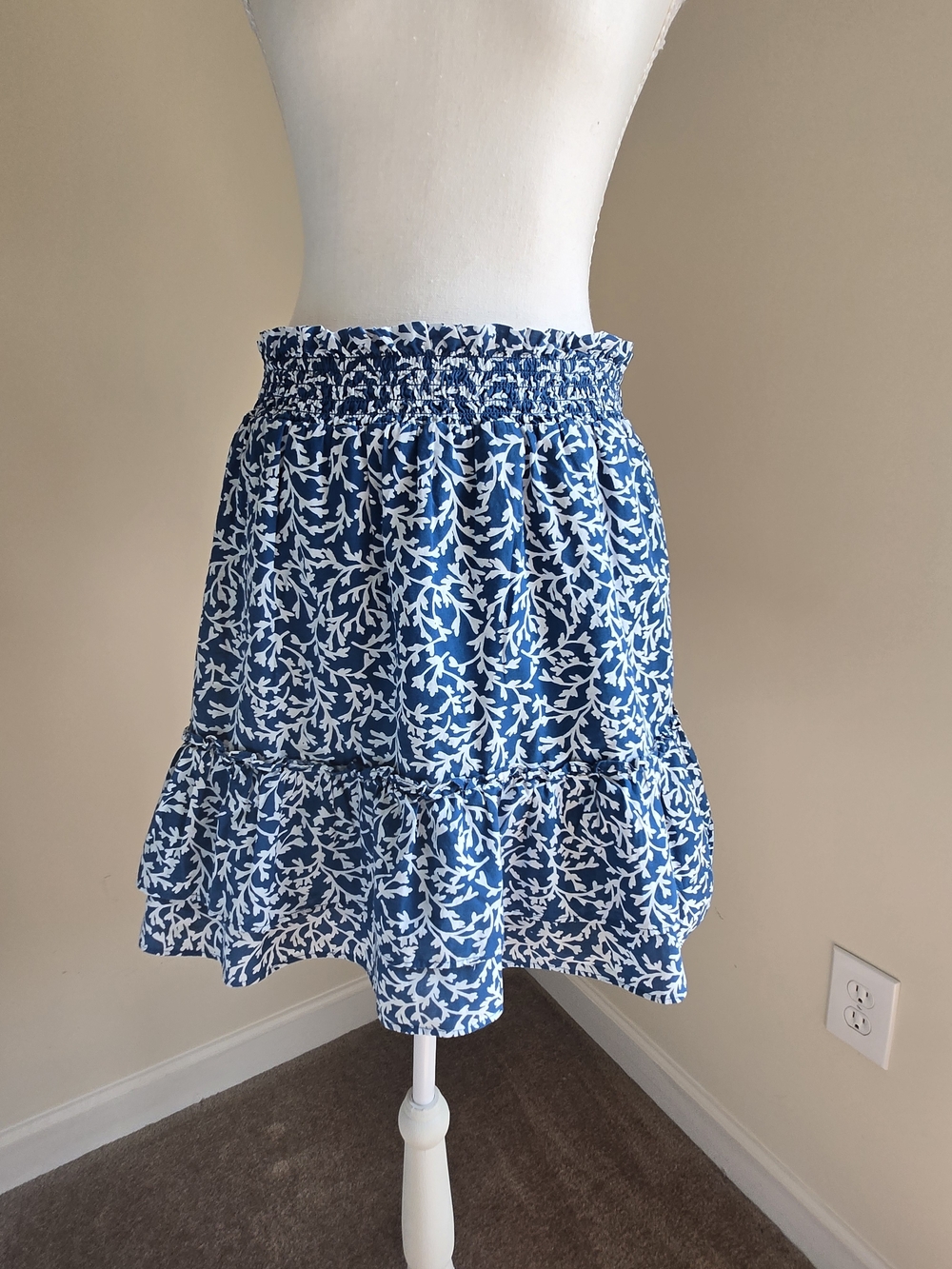 J. Crew Blue and White Floral Tiered Mini Skirt, Size S